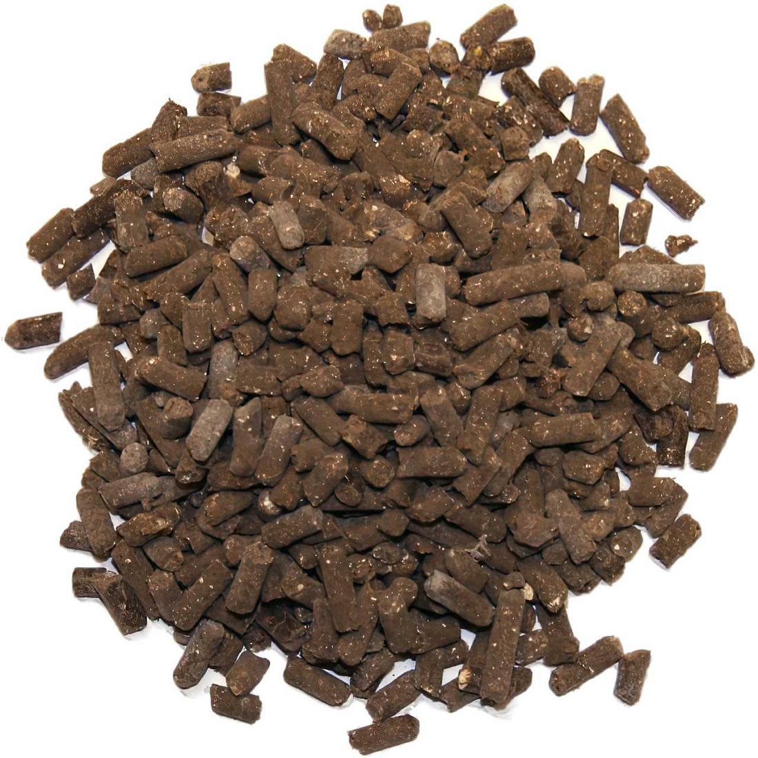 Pile of brown organic chicken manure pellets.