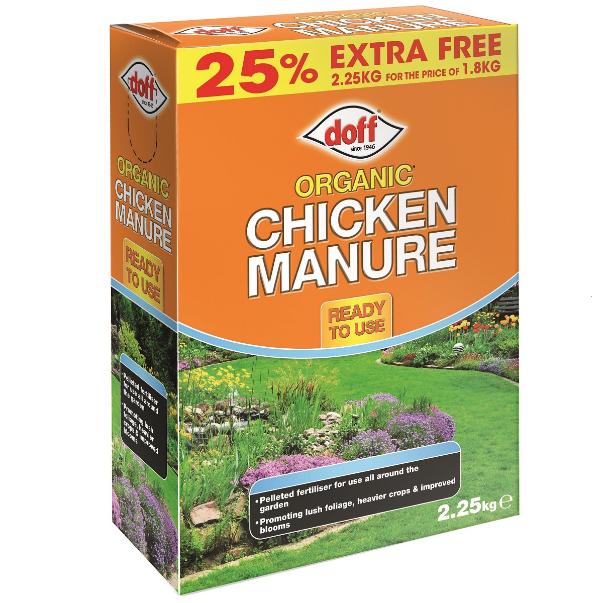 Doff Organic Chicken Manure Fertiliser 2.25kg box with garden imagery.