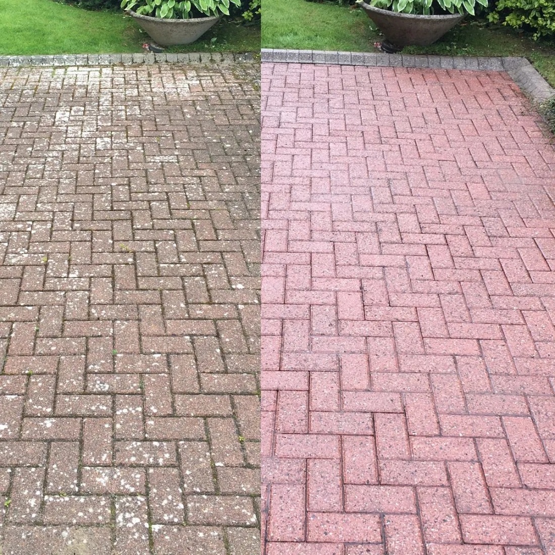 Comparison of a brick driveway before and after cleaning, showing a significant difference in cleanliness.
