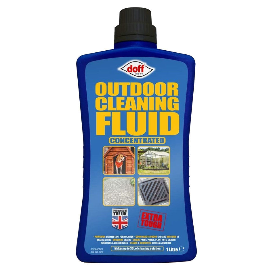 Doff Outdoor Cleaning Fluid and Drain Cleaner 1L bottle with blue packaging and images of outdoor cleaning applications.