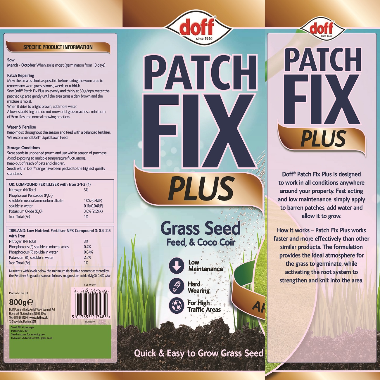 Packaging of Doff Patch Fix Plus Grass Seed and Coco Coir, showing product information and instructions.