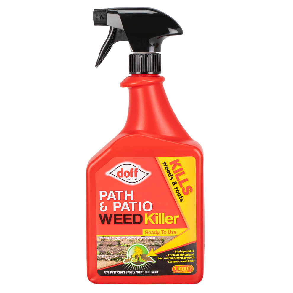 Red bottle of Doff Path and Patio Weedkiller Spray with a black spray nozzle.