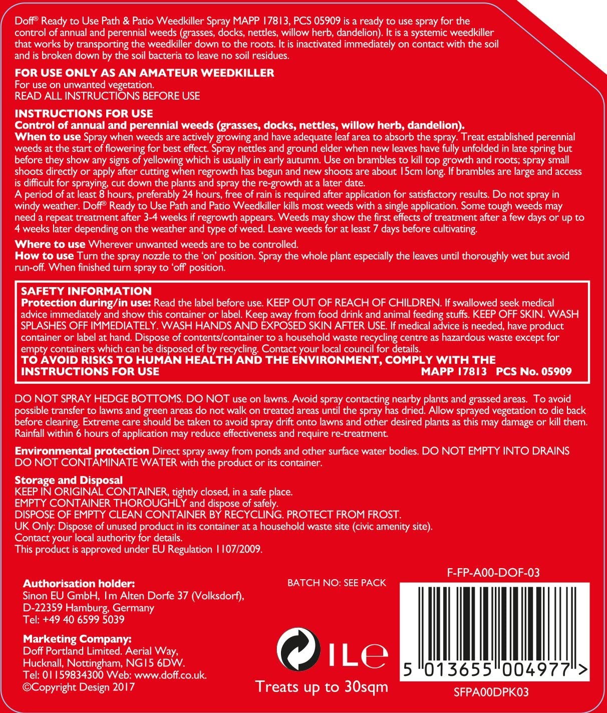 Red label for Doff Path and Patio Concentrate Weedkiller Spray, detailing usage instructions and safety information.