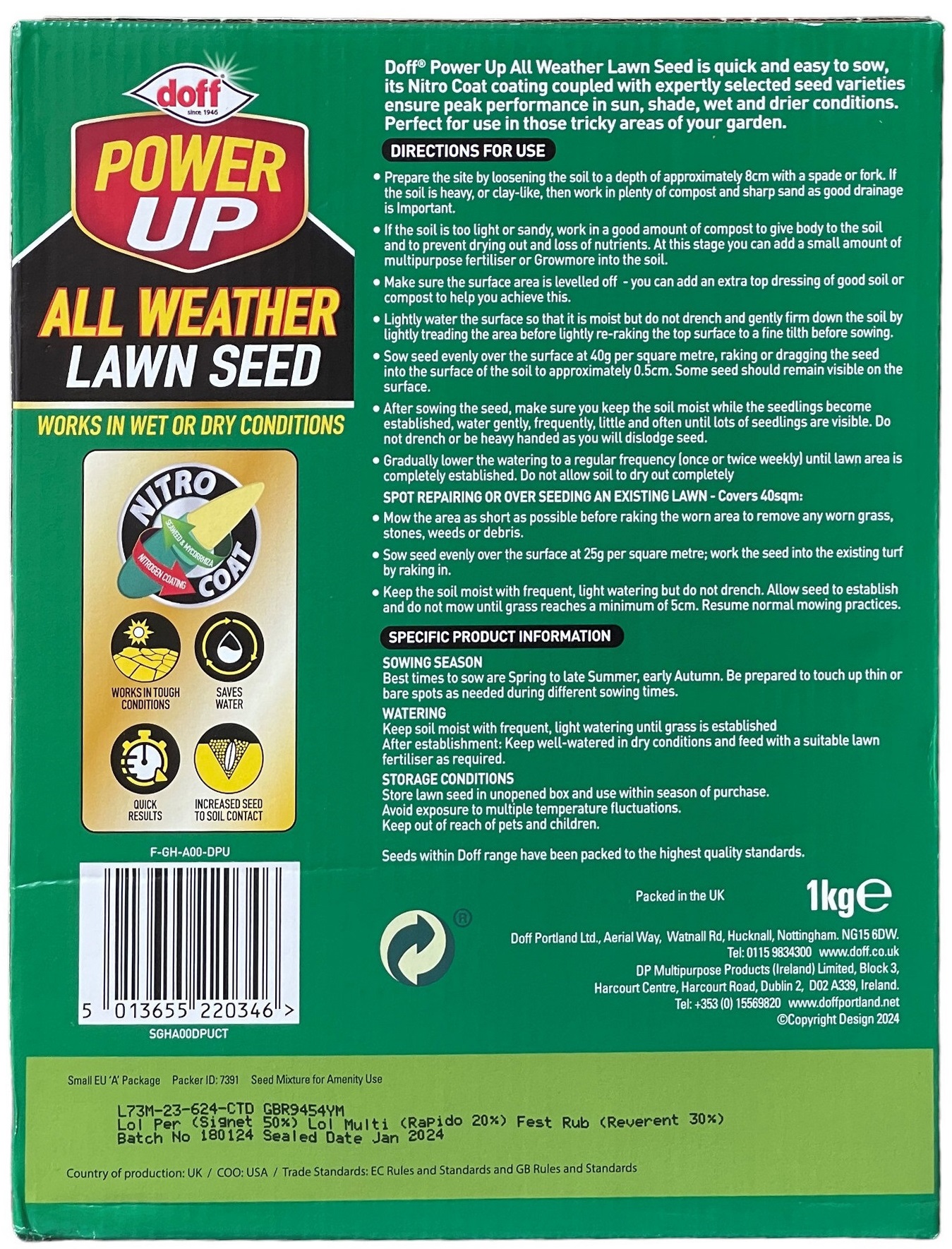 Packaging of Doff Power Up All Weather Lawn Seed, suitable for sun and shade, 1kg.