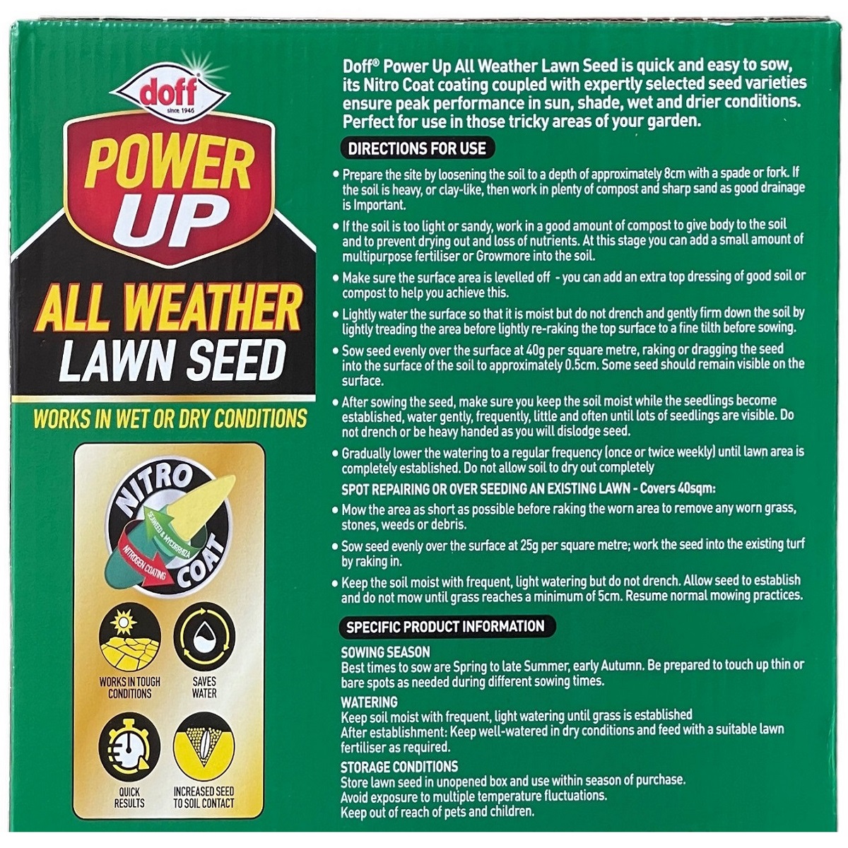 Packaging of Doff Power Up All Weather Lawn Seed showing instructions and features.
