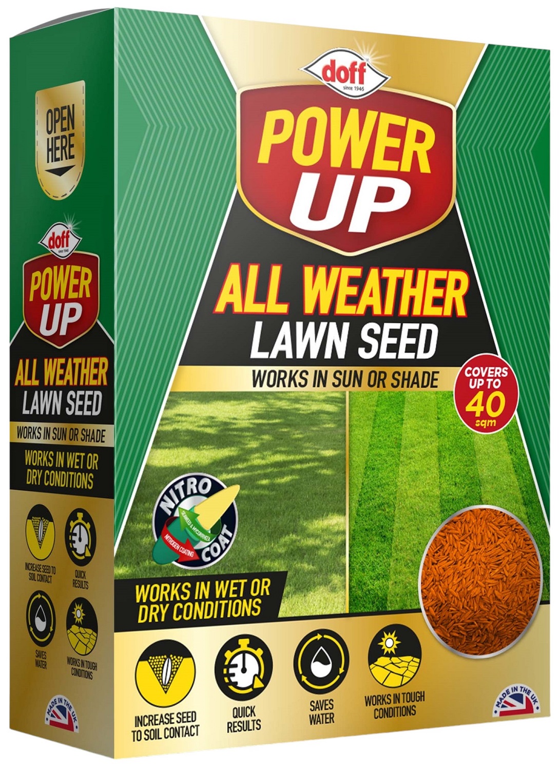Doff Power Up All Weather Lawn Seed box showing features like sun and shade compatibility, quick results, and water saving.