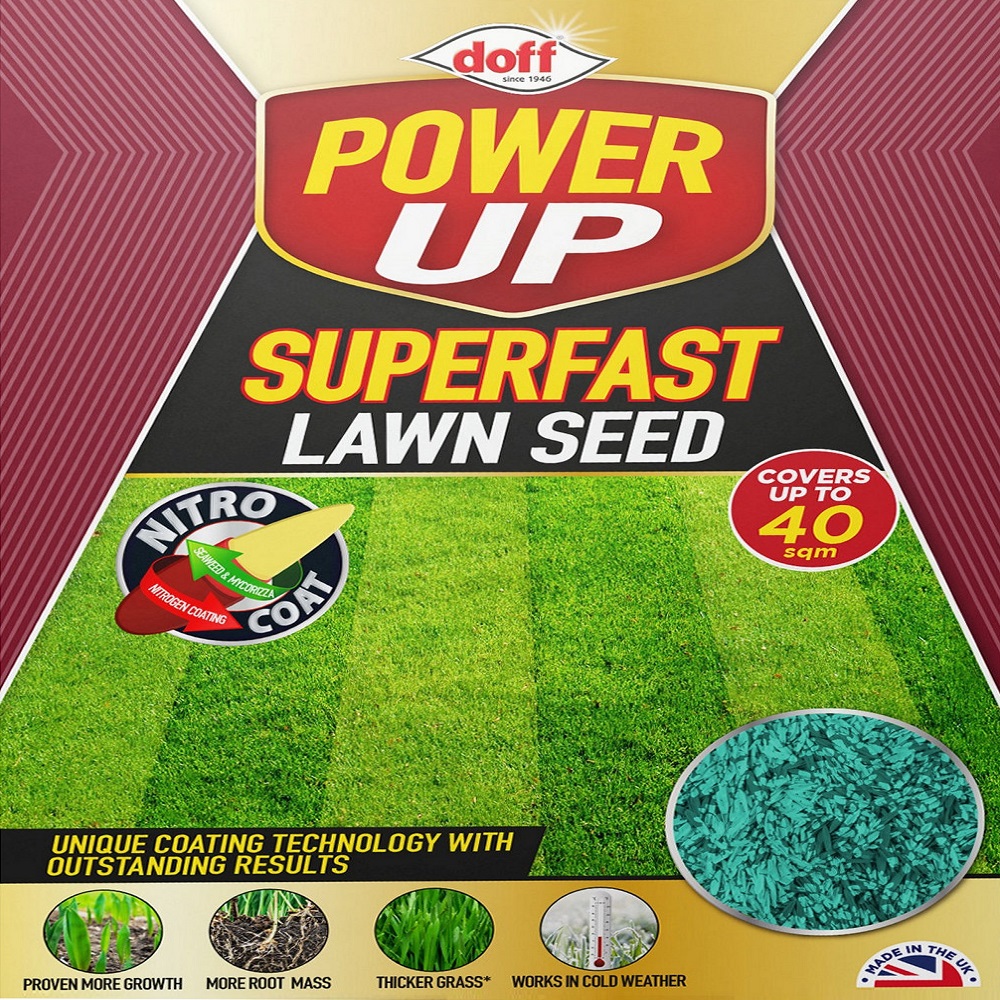 Packaging of Doff Power Up Superfast Lawn Seed with Nitro-Coat, covering up to 40 square metres.