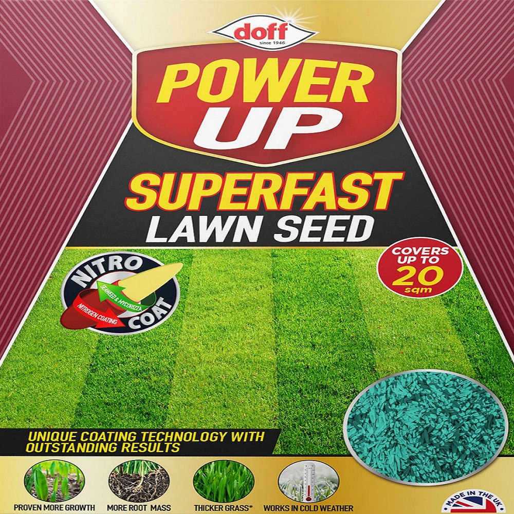 Doff Power Up Superfast Lawn Seed packaging showing Nitro-Coat technology and coverage up to 20 sqm.