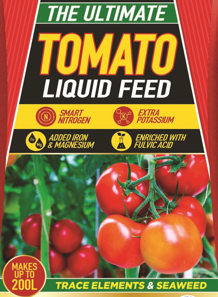  Doff Power Up The Ultimate Tomato Liquid Feed 1 Litre packaging, featuring red tomatoes and product benefits such as smart nitrogen, extra potassium, added iron and magnesium, enriched with fulvic acid.
