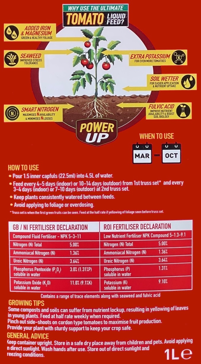 Doff Power Up Tomato Liquid Feed packaging showing benefits like added iron, magnesium, seaweed, extra potassium, soil wetter, smart nitrogen, and fulvic acid.