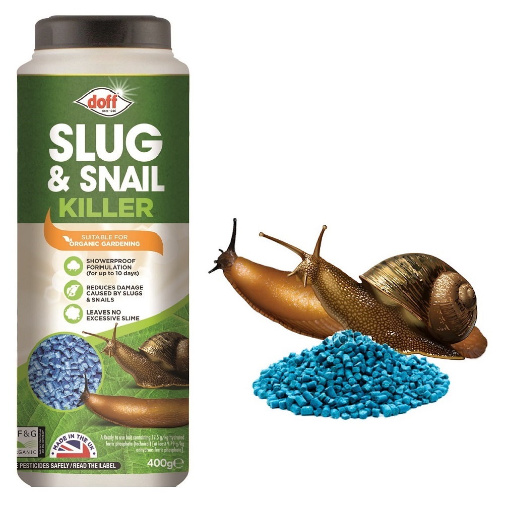 Doff Slug and Snail Killer Pellet Bait container with a snail and blue pellets.