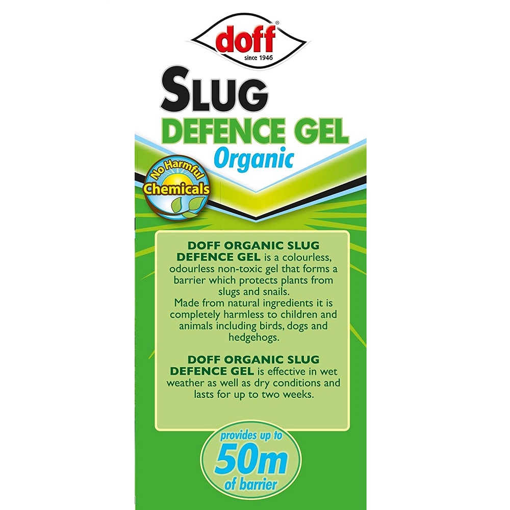 Doff Slugs Be Gone Defence Gel 1L packaging, highlighting its organic and non-toxic properties for protecting plants from slugs and snails.