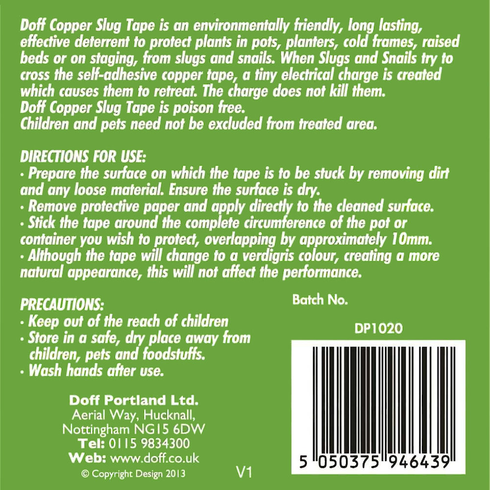 Back of packaging for Doff Copper Slug Tape showing instructions and barcode.