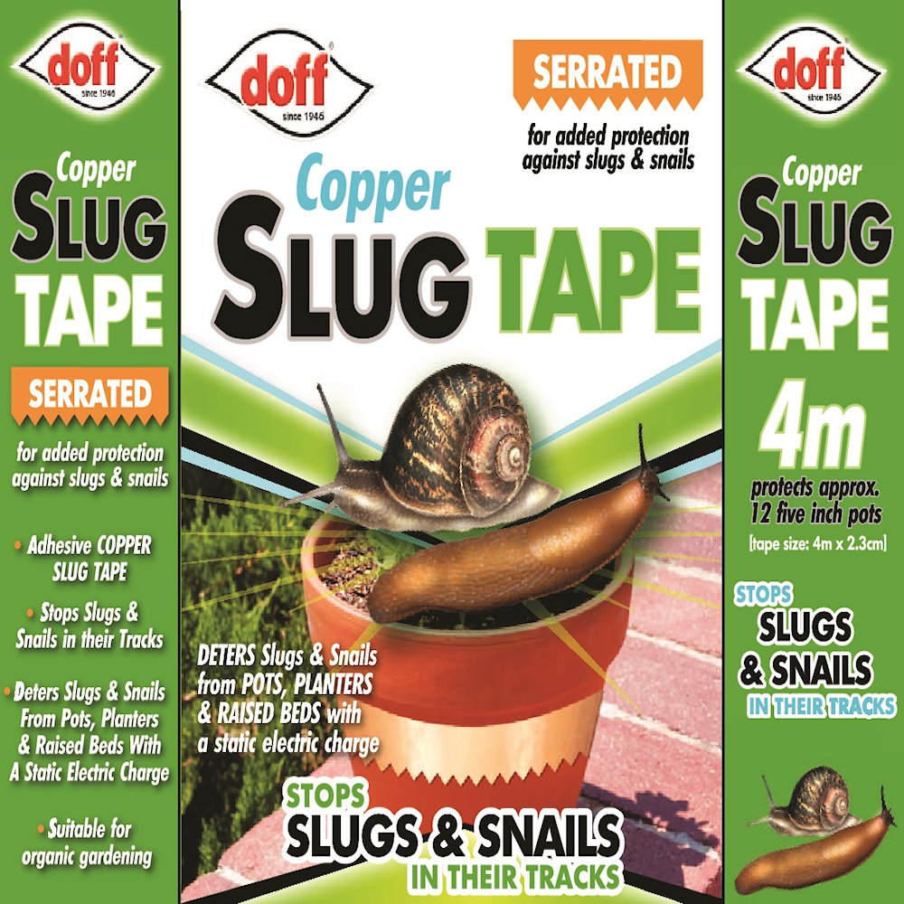 Doff Copper Slug Tape packaging with images of a snail and slug, highlighting serrated edges for protection.