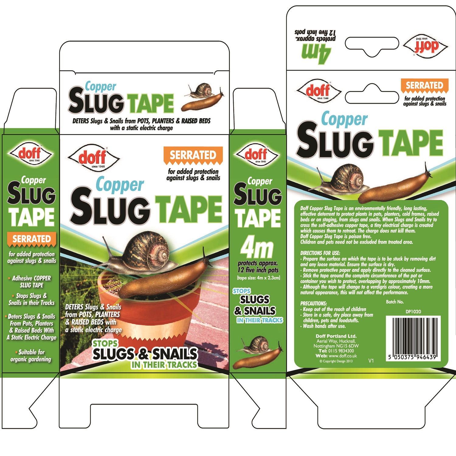 Packaging of Doff Copper Slug Tape showing a snail on a plant pot, with text highlighting its serrated design for deterring slugs and snails.
