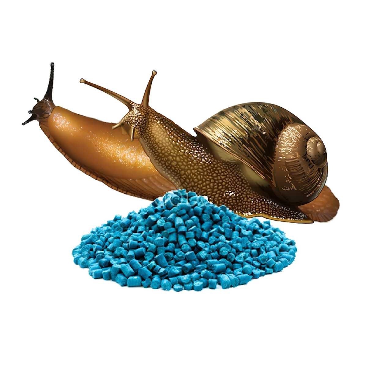 blue pellets with a slug and snail on a white background.