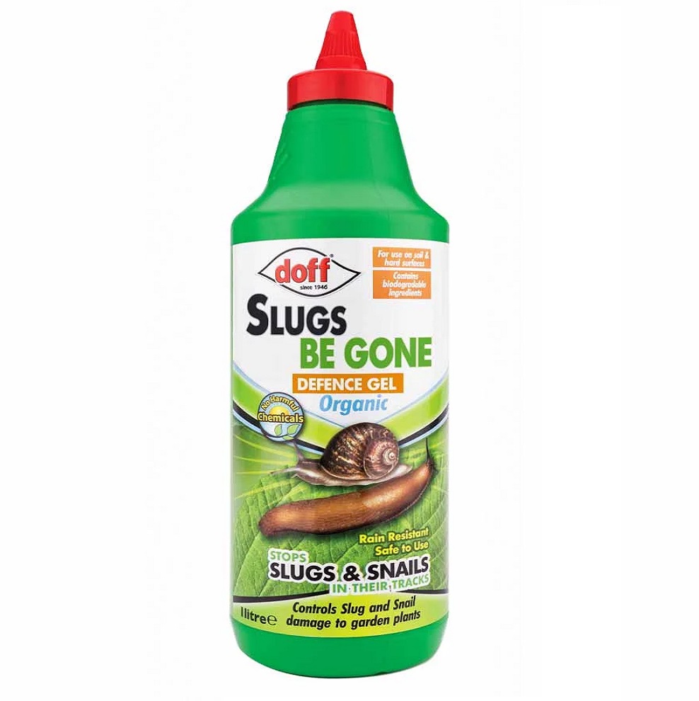 Doff Slugs Be Gone Defence Gel 1L bottle with green and red cap, featuring a label showing a slug and snail.