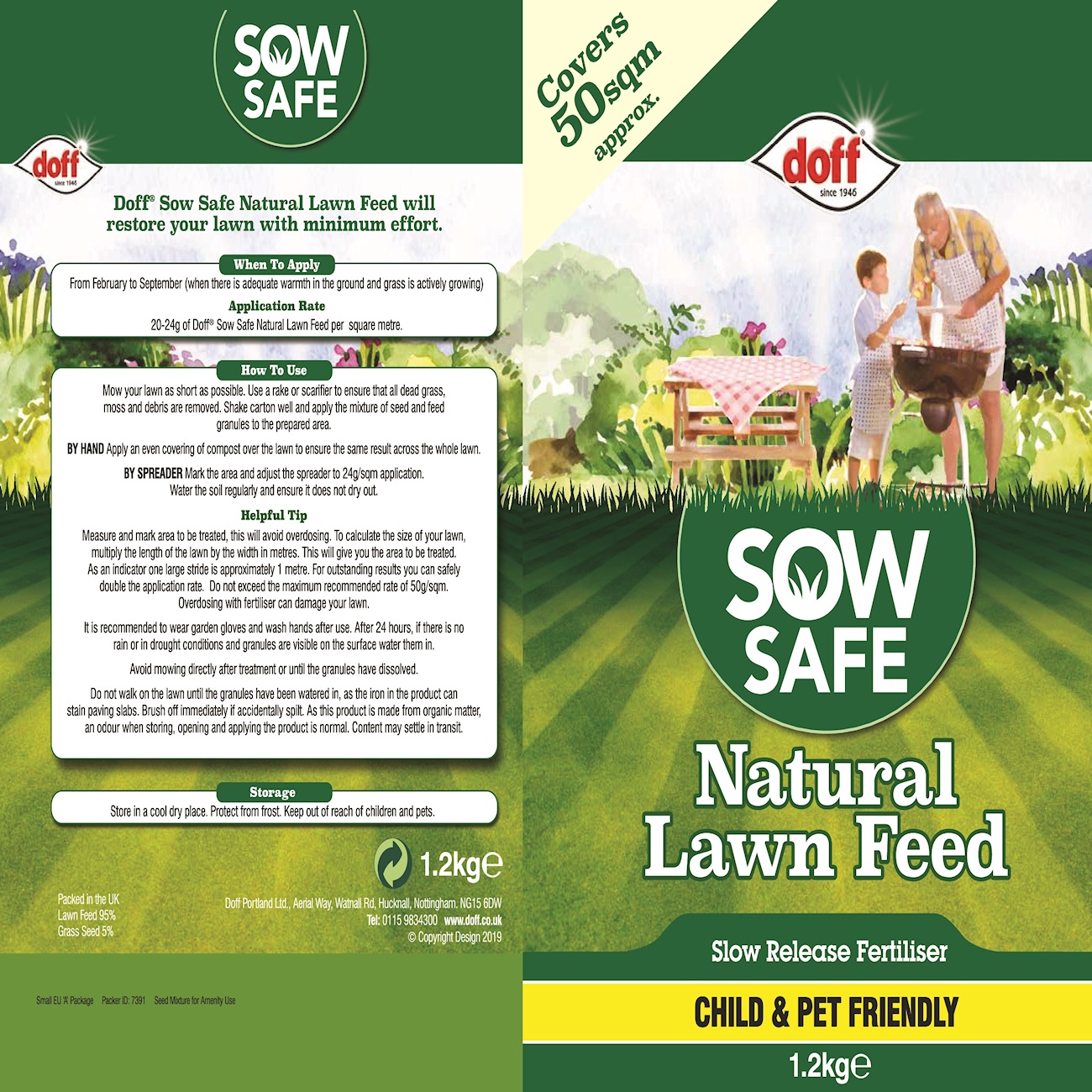 Packaging of Doff Sow Safe Natural Lawn Feed, highlighting its child and pet friendly nature and coverage of 50 square metres.