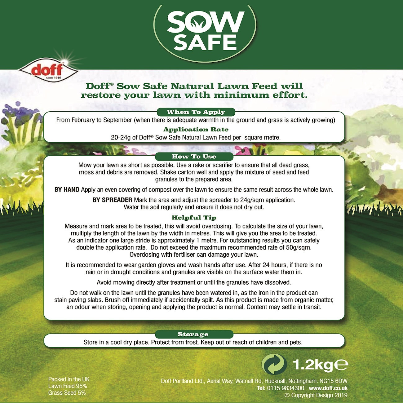 Packaging of Doff Sow Safe Natural Lawn Feed with instructions and application details.
