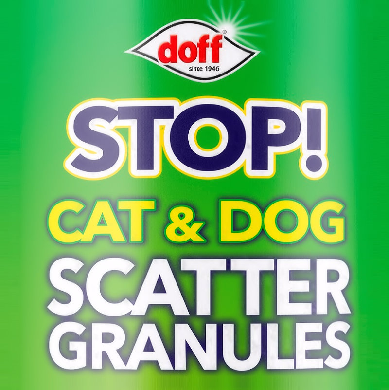 Green packaging of Doff STOP Cat & Dog Scatter Granules with bold text.