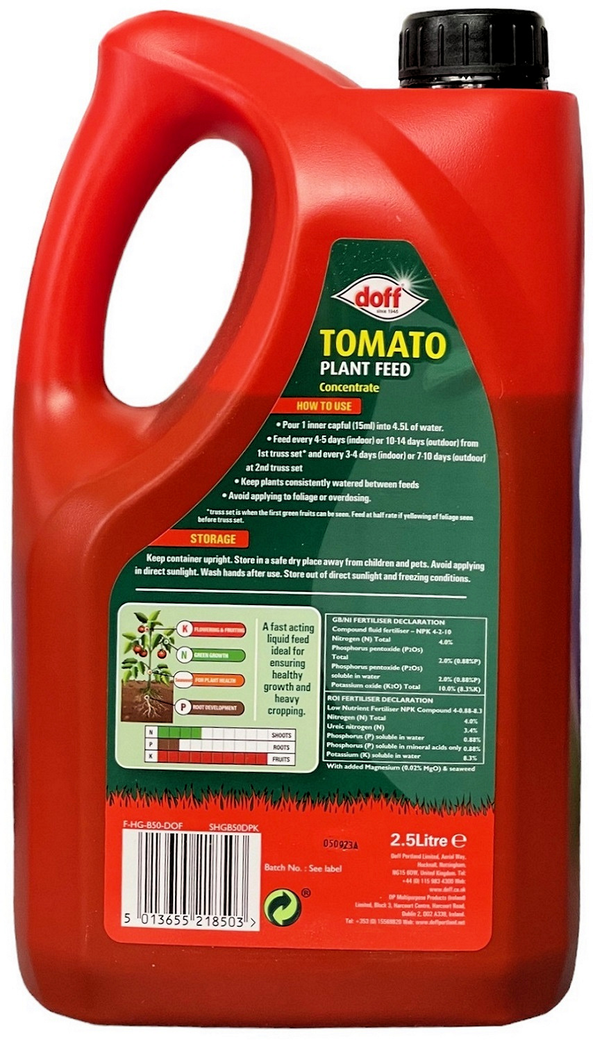 Doff Tomato Plant Feed Concentrate 2.5L bottle with seaweed enrichment and usage instructions.