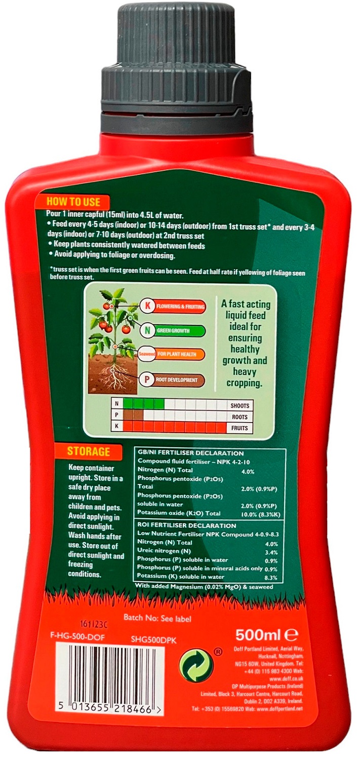 Back view of Doff Tomato Plant Feed Concentrate bottle showing usage instructions and nutritional information.