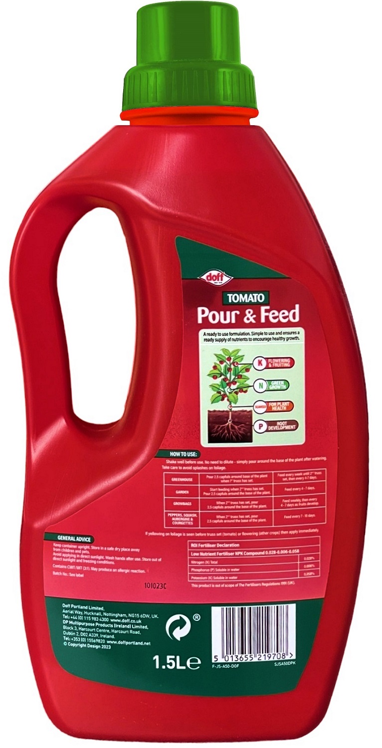 Red bottle of Doff Tomato Pour & Feed 1.5L with green cap, enriched with seaweed and magnesium.