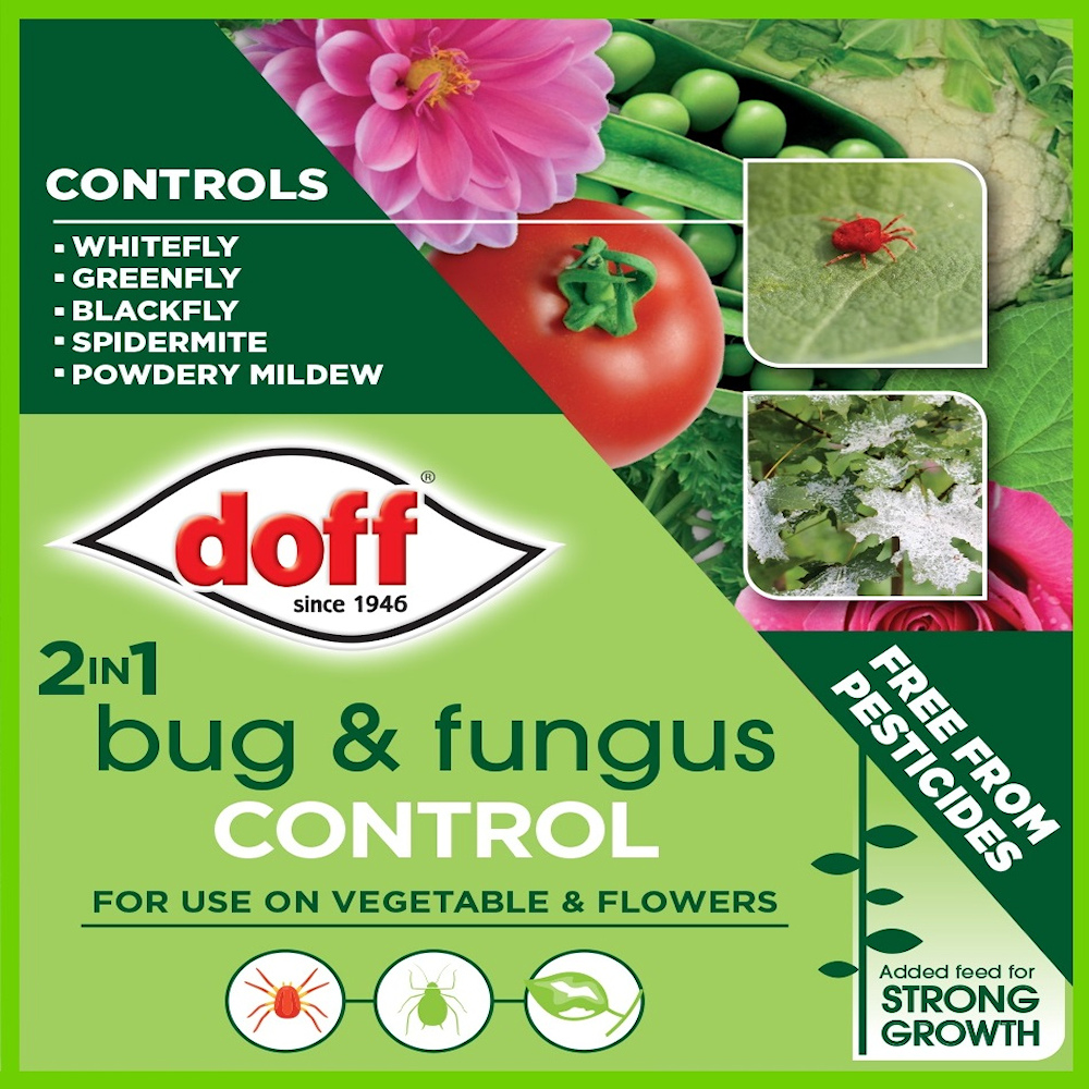 Packaging of Doff 2-in-1 Bug & Fungus Control showing images of flowers, vegetables, and pests it controls.