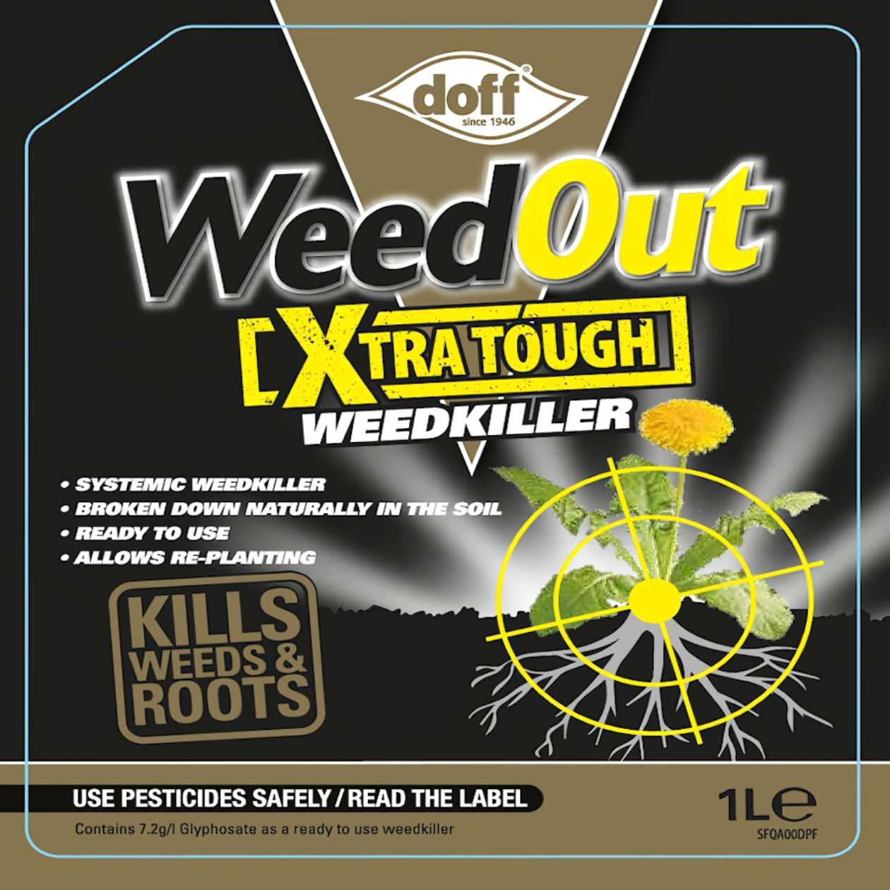 Doff WeedOut Xtra Tough Weedkiller 1L packaging with yellow target over a dandelion and roots.