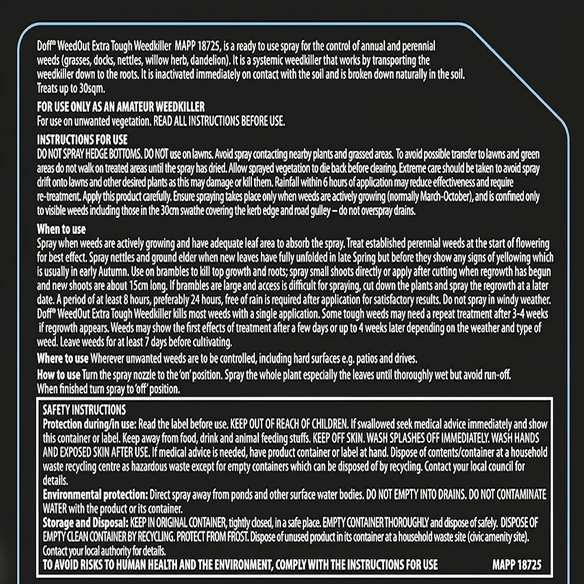 Instructions and safety information for Doff WeedOut Xtra Tough Weedkiller 1L.