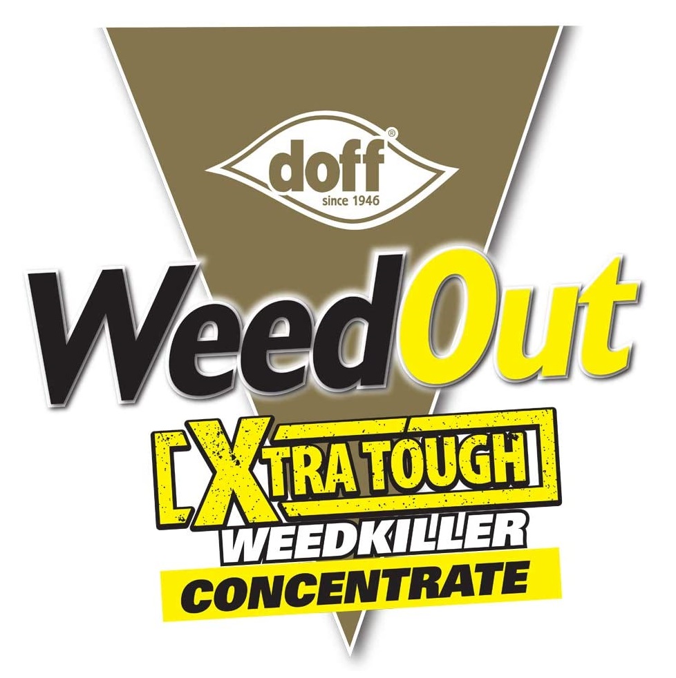 Doff WeedOut Xtra Tough Weedkiller 1L product label with bold text and logo.