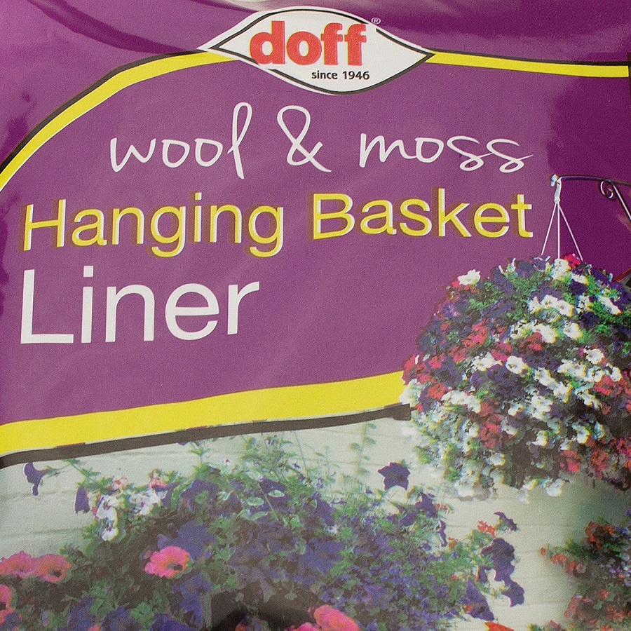 Doff wool and moss hanging basket liner packaging with colourful flowers.