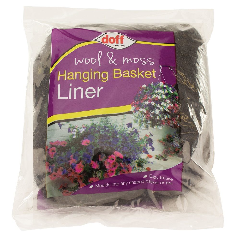 Doff wool and moss hanging basket liner in packaging with colourful flowers.