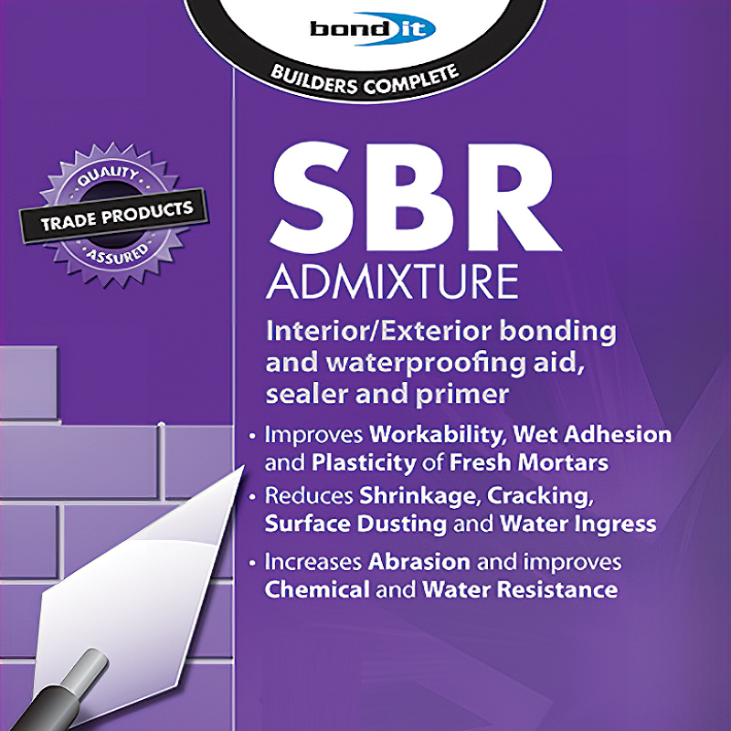 Bond It SBR Admixture packaging showing features like bonding, waterproofing, and adhesion improvements.