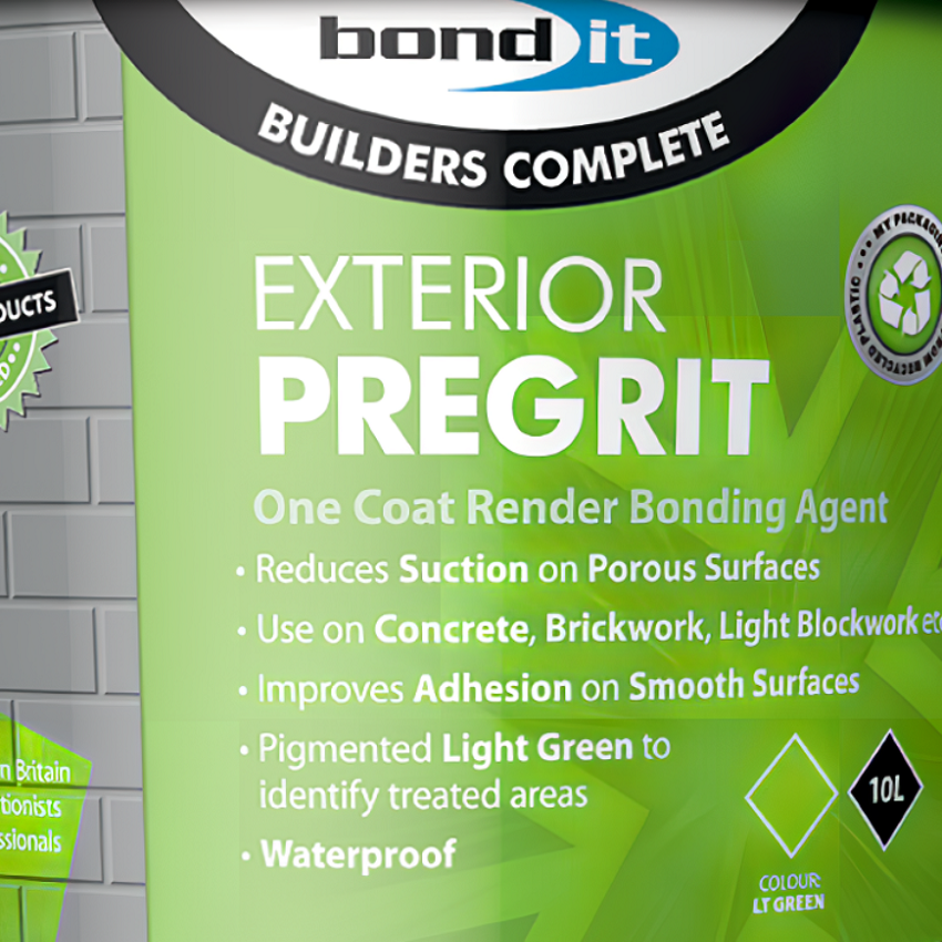 Bond It Exterior Pregrit Bonding Coating for External Walls, 10L container with product details.