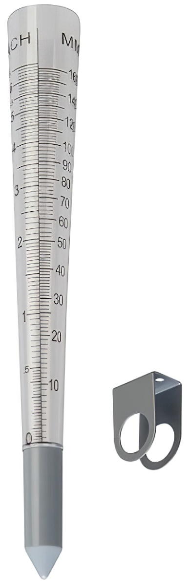 Close-up of a 160mm rainfall measurement gauge with a metal holder,