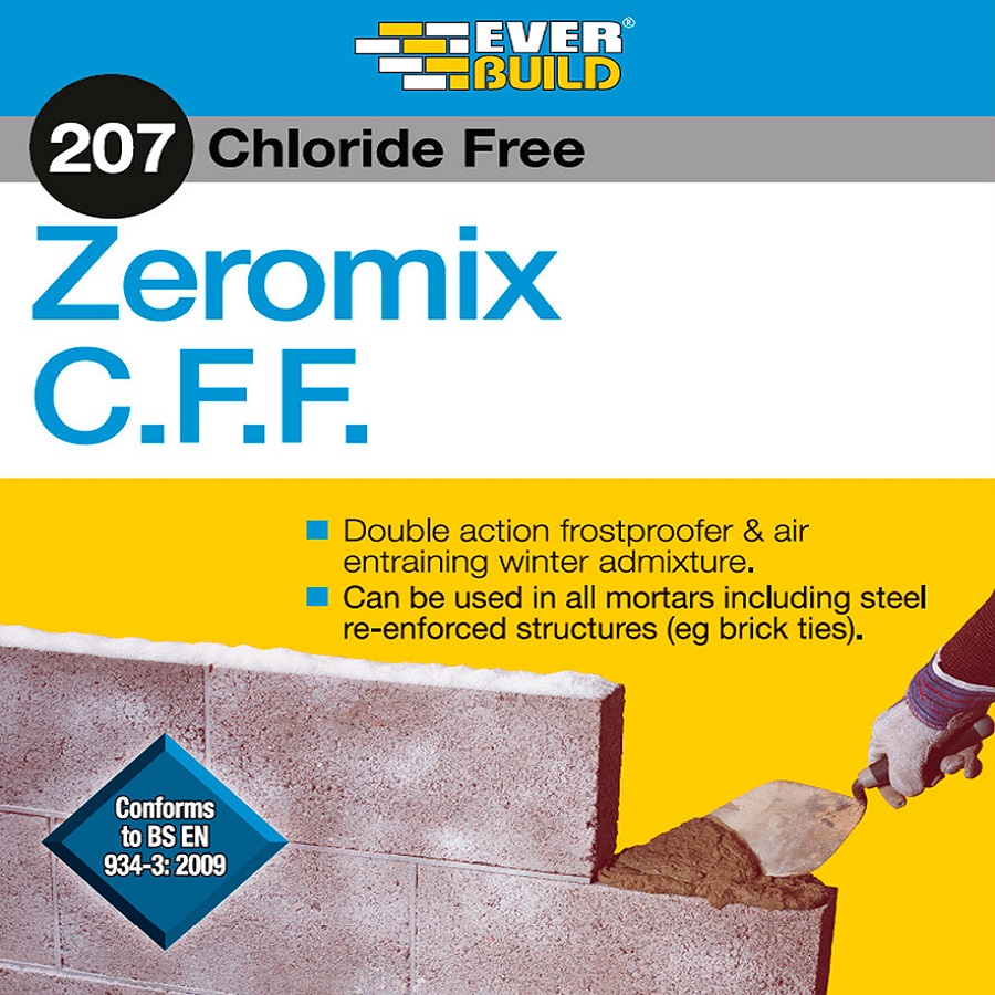 Everbuild 207 Zeromix CFF Frostproofer Mortar Admixture 25L packaging showing double action frostproofer and air entraining winter admixture features.