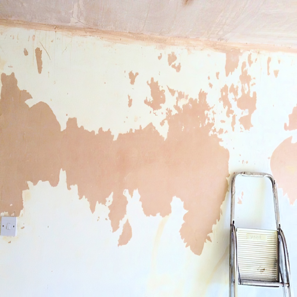 Wall with peeling paint and a ladder leaning against it, showing preparation for stabilising solution application.