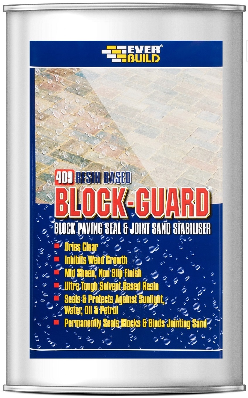 Everbuild Block Guard Paving Sealer 25L container with product features listed on the label.