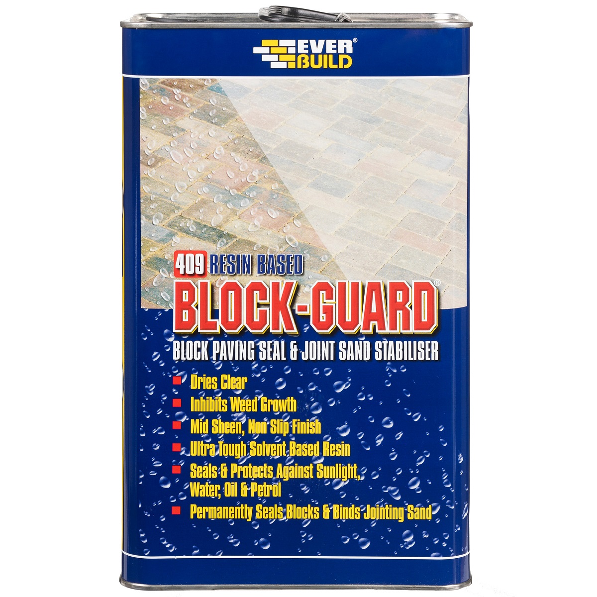 Everbuild 409 Block Guard Paving Sealer and Sand Stabiliser 5L container with product details.