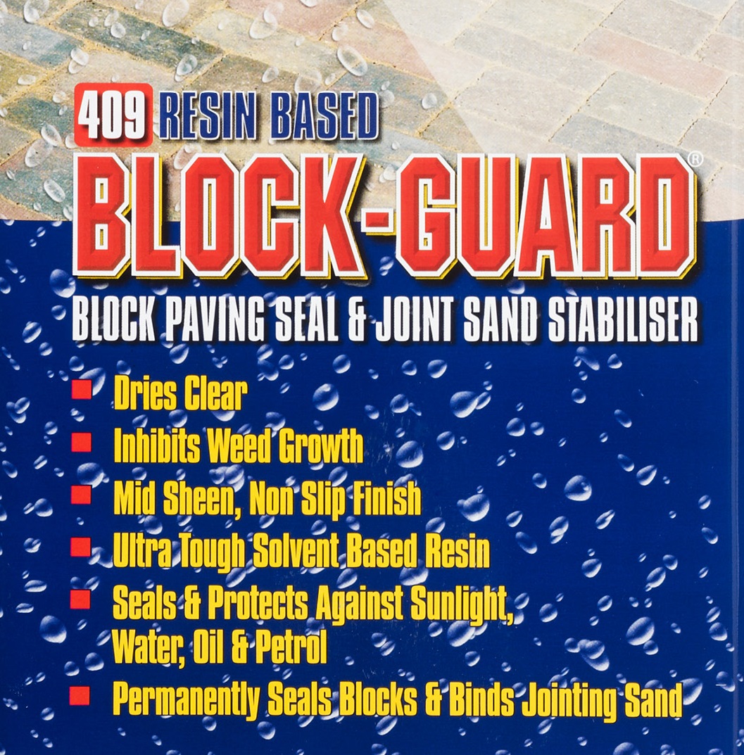 Everbuild 409 Block Guard Paving Sealer and Sand Stabiliser packaging with features listed such as clear drying, weed growth inhibition, non-slip finish, and protection against elements.