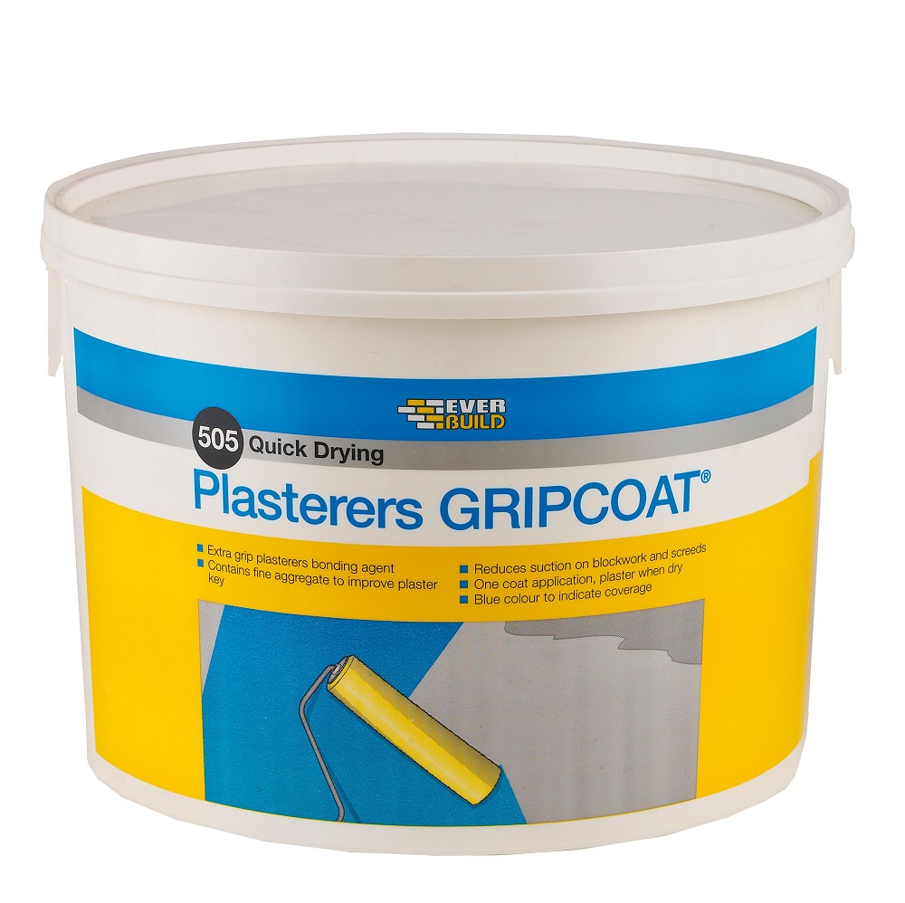 Tub of Everbuild Plasterers Gripcoat Prep Coat for plastering with a blue and yellow label.