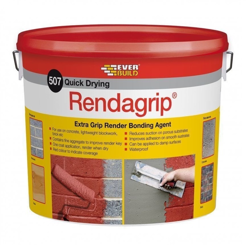 Everbuild 507 Rendagrip Extra-Grip Render Bonding Coating 10L container with application images.