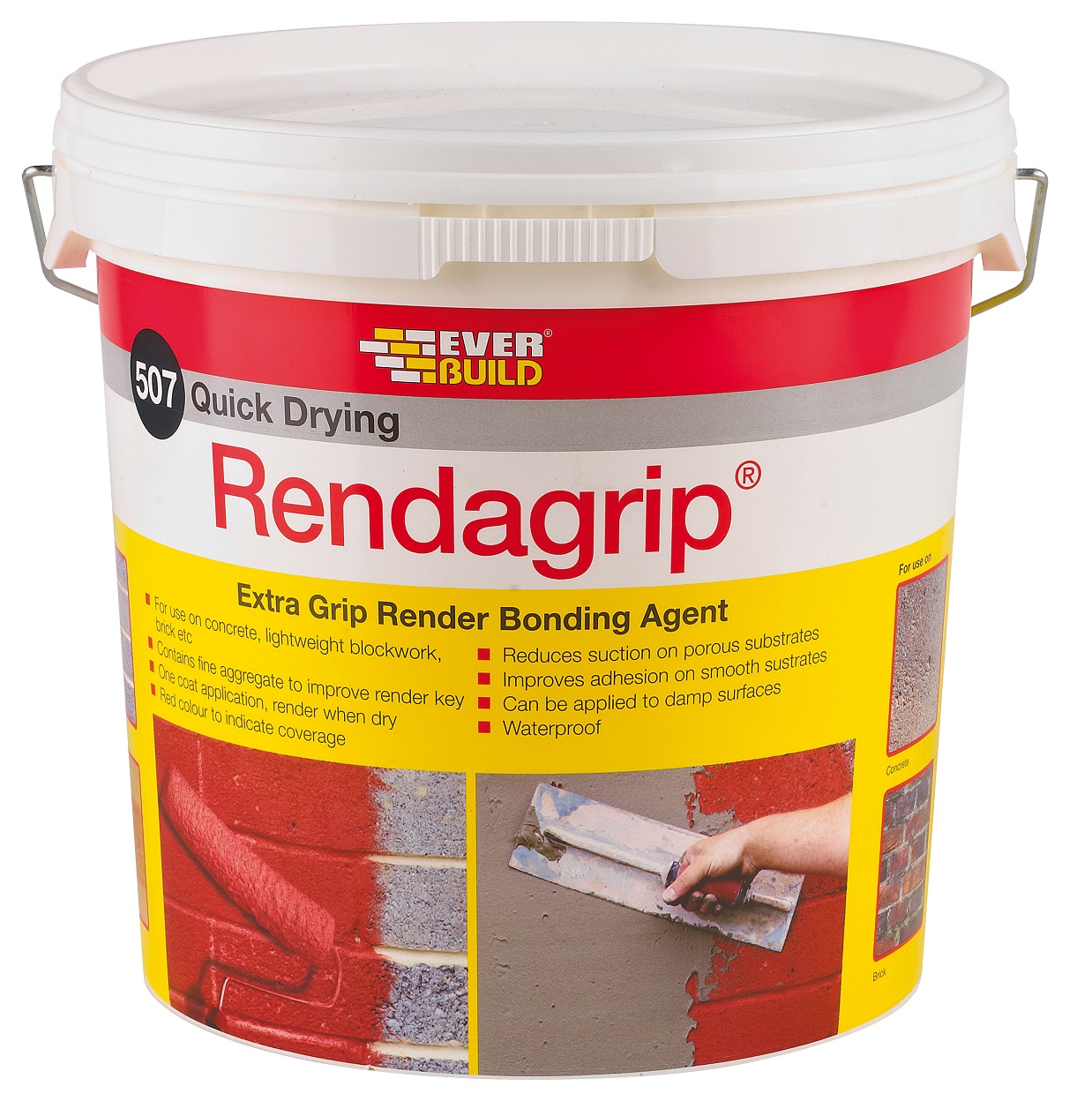 Everbuild 507 Rendagrip Extra-Grip Render Bonding Coating 10L container with application images on the label.
