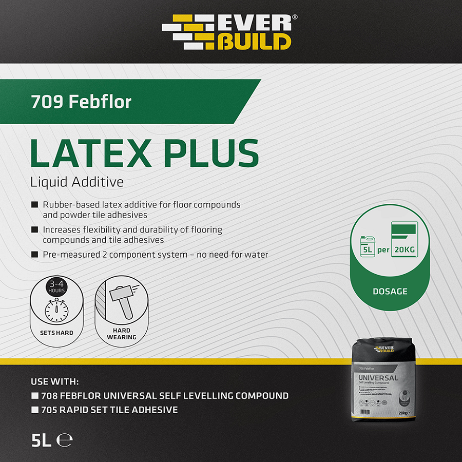 Everbuild 709 Febflor Floor Flex Plus Latex Liquid Additive 5L packaging with product details and usage instructions.