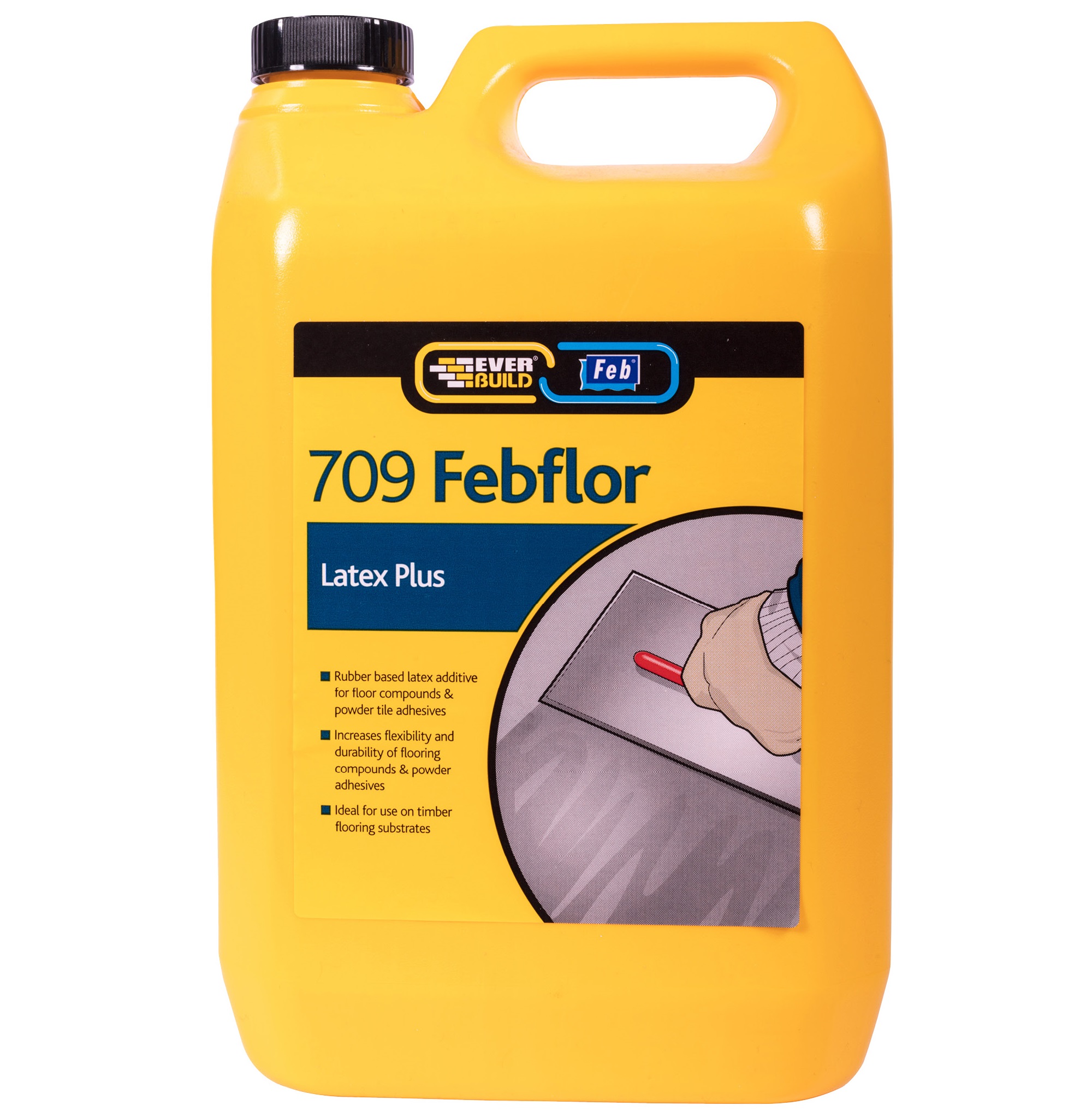 Yellow container of Everbuild 709 Febflor Floor Flex Plus Latex Liquid Additive 5L with label showing usage instructions.