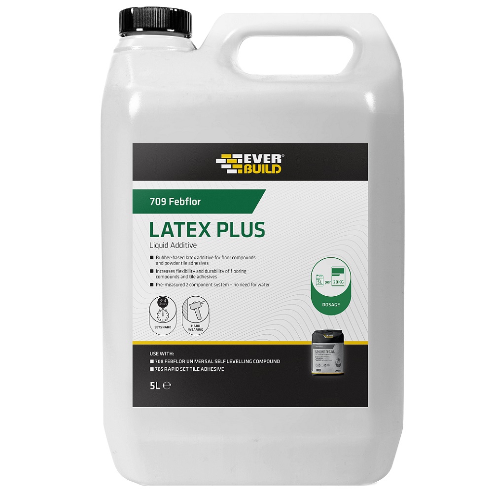 Everbuild 709 Febflor Floor Flex Plus Latex Liquid Additive 5L container with label detailing product features.