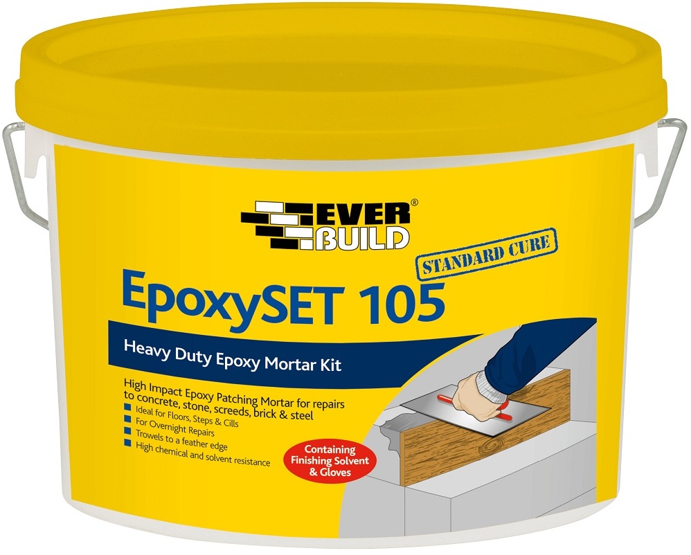 Tub of Everbuild Epoxyset 105 Standard Cure Patch Repair Mortar 14kg for repairs, featuring a label with product details and an illustration of application.