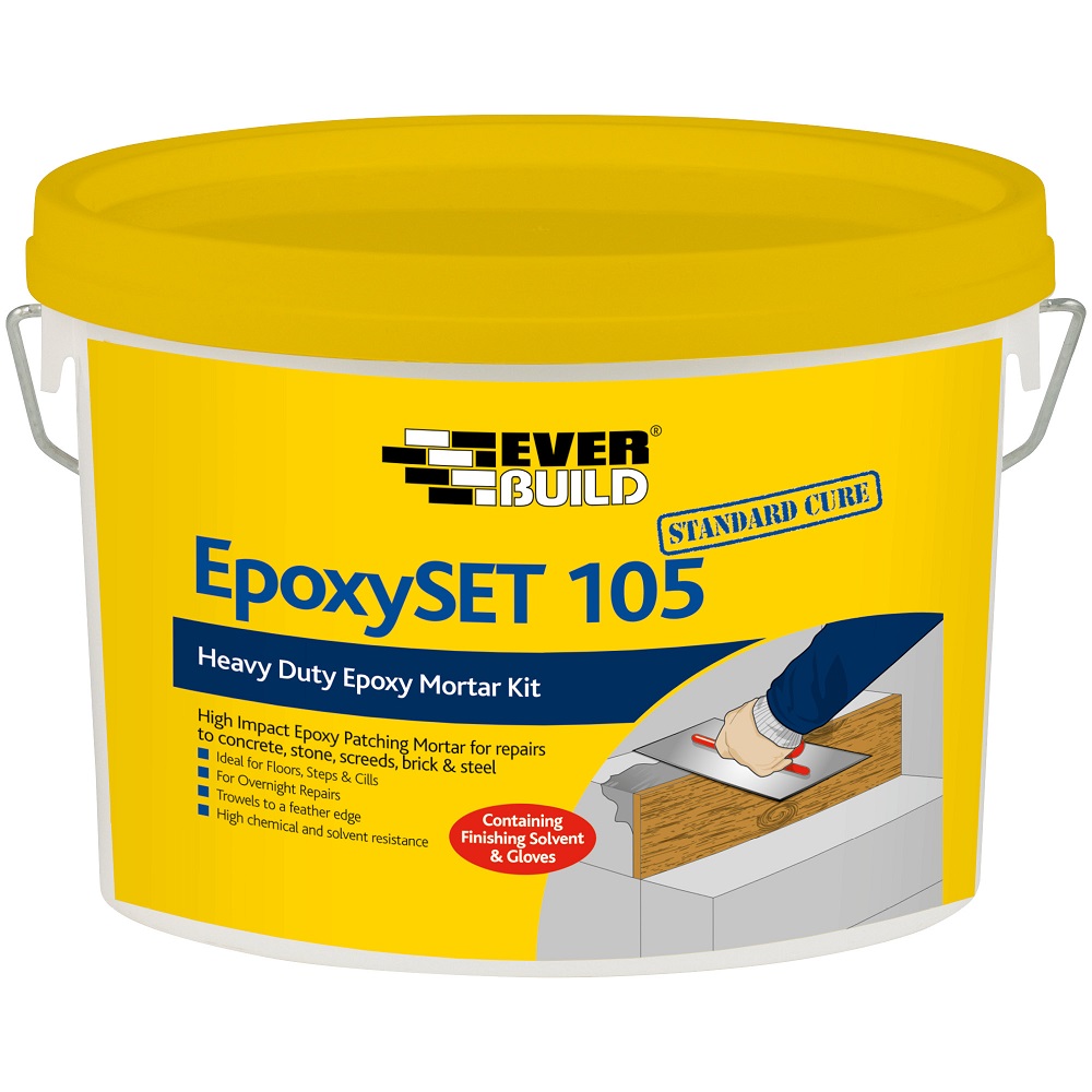Everbuild Epoxyset 105 Standard Cure Patch Repair Mortar 14kg tub with label details.