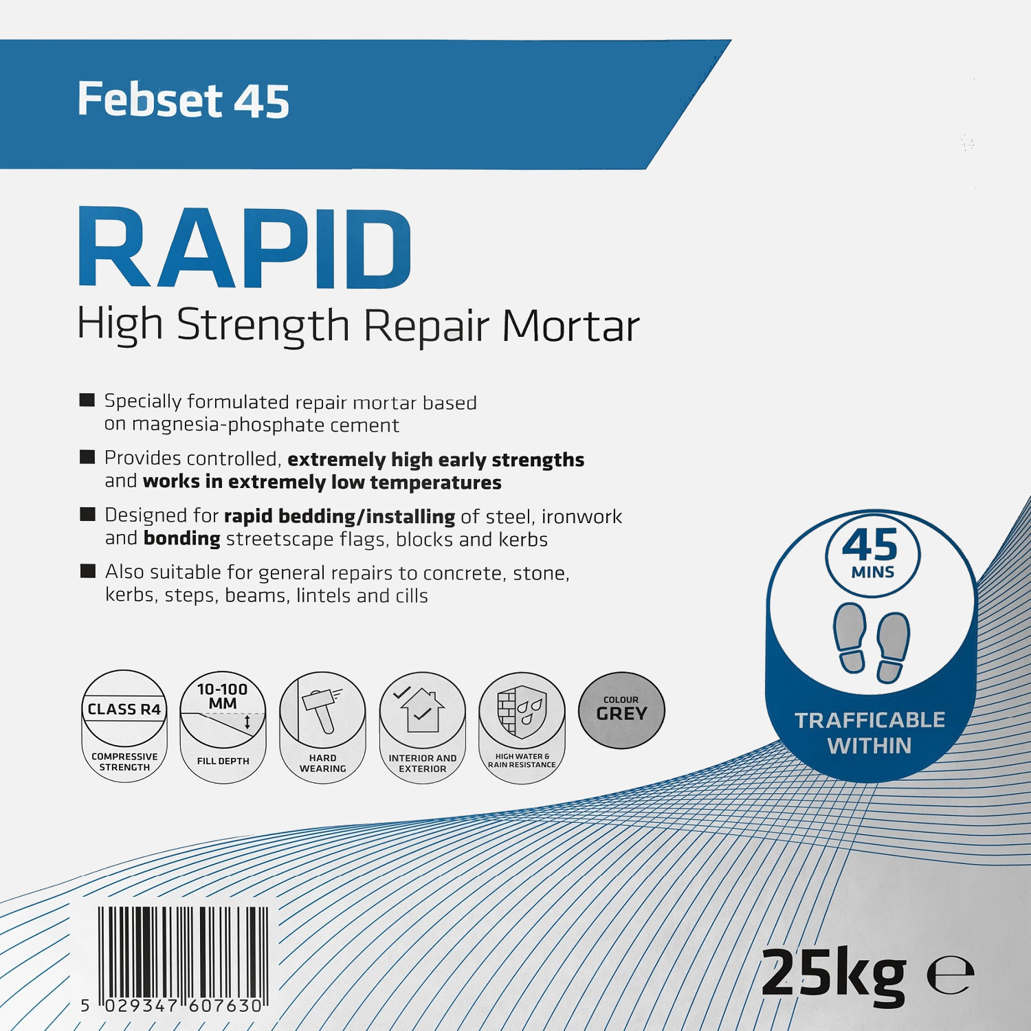 Packaging of Everbuild Febset 45 Rapid Repair Mortar showing product details and specifications.